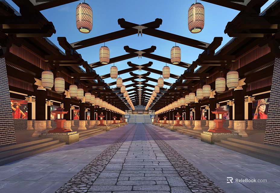 Ancient Architecture Corridor Showcasing Hanging Lanterns Traditional Wooden Beams And Stone Pavement 3d model 