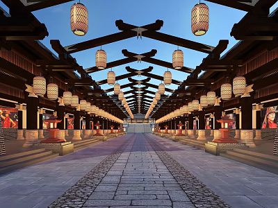 Ancient Architecture Corridor Showcasing Hanging Lanterns Traditional Wooden Beams And Stone Pavement 3d model