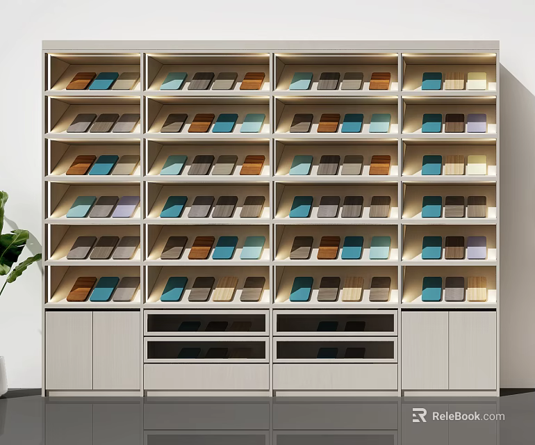 White Multi tiered Display Shelves With Colorful Items In Modern Interior 3d model