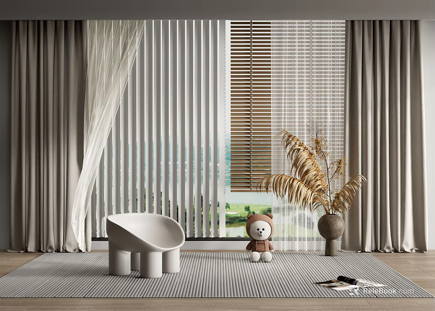 Window Blinds in Cozy Home Interior with White Chair Teddy Bear Plant Rug and Curtains 3d model 