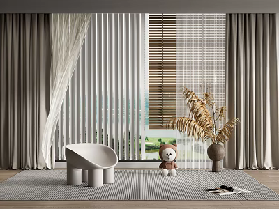 Window Blinds in Cozy Home Interior with White Chair Teddy Bear Plant Rug and Curtains 3d model