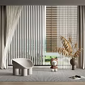 Window Blinds in Cozy Home Interior with White Chair Teddy Bear Plant Rug and Curtains