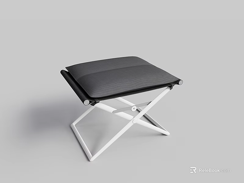 Modern Black Cushioned Ottoman With Metal X Shaped White Legs Design 3d model 