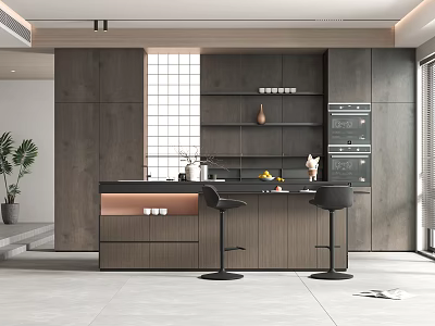 Modern Kitchen Interior With Wooden Island Counter And Black Bar Stools And Cabinets 3d model