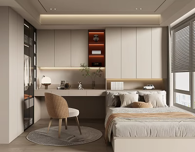 Modern Tatami Bedroom Interior With Wooden Desk Chair Storage Cabinets And Window 3d model
