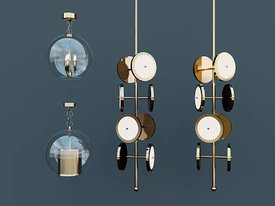 Modern Hanging Pendant Lights With Metal Frames Circular Panels And Glass Globes 3d model