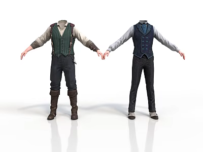 Headless Character Models With Green Striped And Blue Vests Pants Holding Hands On White Background 3d model