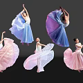 Women Dancing Gracefully with Flowing Colorful Dresses Against Black Background