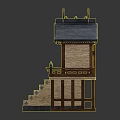 Cartoon Scene Featuring Traditional Japanese Wooden Building With Black Roof Stairs And Red Window Decorations