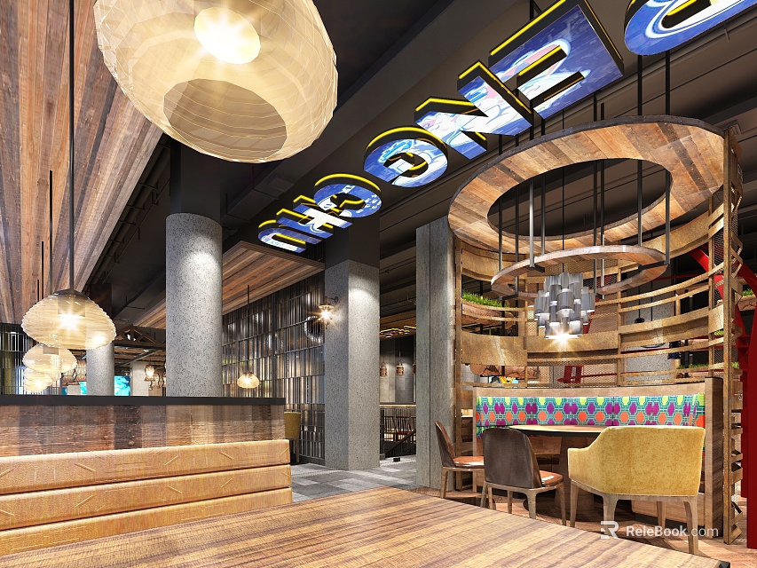 Modern Chongqing Restaurant Interior With Wooden Ceiling Curved Structure Pendant Lights And Colorful Counter 3d model 