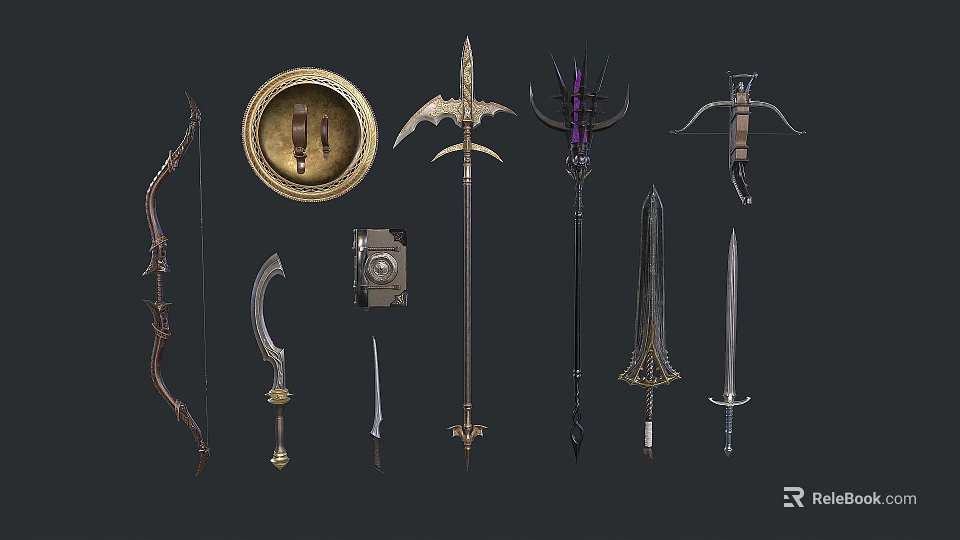 Medieval Fantasy Weapons Collection Featuring Bow Scimitar Shield Spear Staff And Sword 3d model 