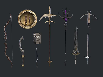Medieval Fantasy Weapons Collection Featuring Bow Scimitar Shield Spear Staff And Sword 3d model