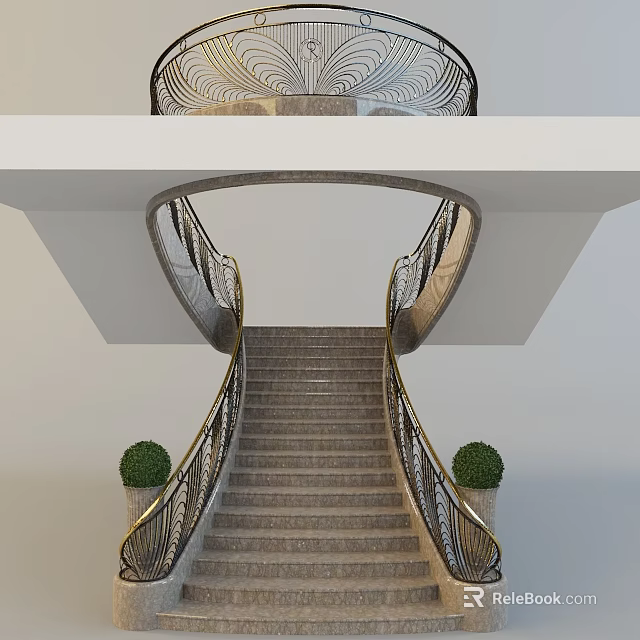 Modern Spiral Staircase Design With Ornate Metal Railing Stone Steps And Potted Plants 3d model 