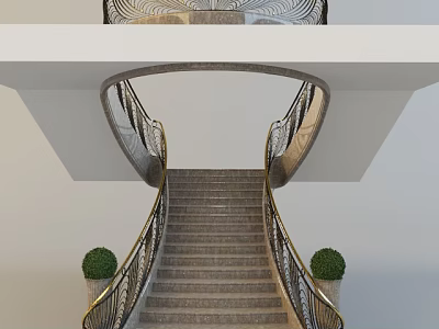 Modern Spiral Staircase Design With Ornate Metal Railing Stone Steps And Potted Plants 3d model