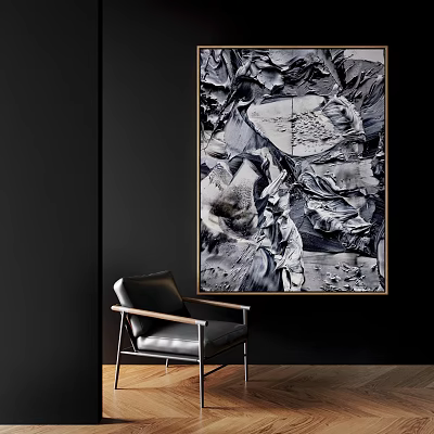 Abstract Art Painting Displayed On Black Wall With Leather Chair 3d model