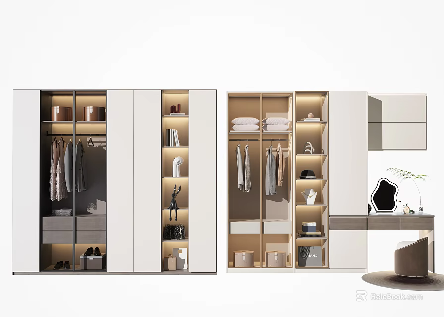 Modern Wardrobe Design With Multiple Storage Compartments Hanging Space Shelves And Lighting 3d model