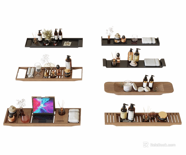 Modern Simple Bathroom Cabinet Rack With Wooden Black Design And Toiletries Bottles Cups Towels 3d model 