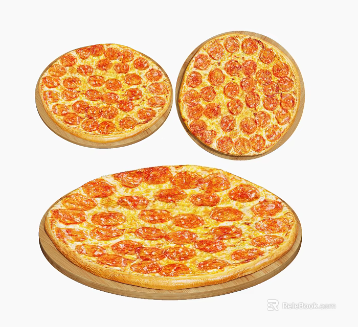 Three Different Sizes of Pepperoni Pizza with Melted Cheese on Wooden Boards 3d model 