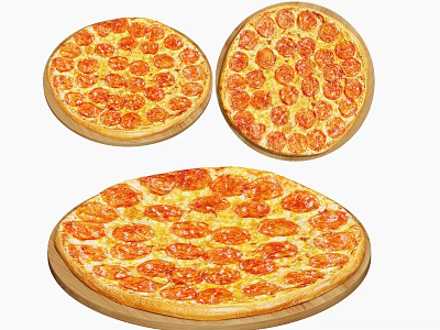 Three Different Sizes of Pepperoni Pizza with Melted Cheese on Wooden Boards 3d model
