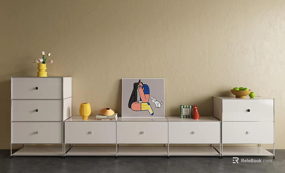 White TV Stand with Drawers Decorative Painting Vase Cup Bread and Fruit Bowl 3d model 