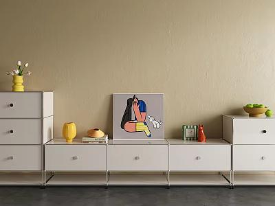 White TV Stand with Drawers Decorative Painting Vase Cup Bread and Fruit Bowl 3d model