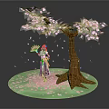 Game Movie Character in Traditional Outfit Holding Fan Under Cherry Blossom Tree With Falling Petals