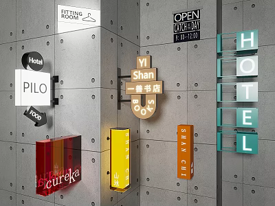 Commercial Shop Sign Lighting Combinations With Various Illuminated Signs On Grey Wall 3d model
