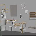 Accessible Toilet with Yellow Grab Bars Mirror Toilet Paper Holder Sink and Trash Can
