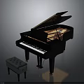 Elegant Black Grand Piano With Open Lid And Comfortable Gray Bench For Home Living