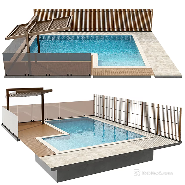 Modern Swimming Pool Design With Glass Railing Wooden Pergola And Clear Water Deck 3d model 