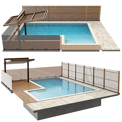 Modern Swimming Pool Design With Glass Railing Wooden Pergola And Clear Water Deck 3d model