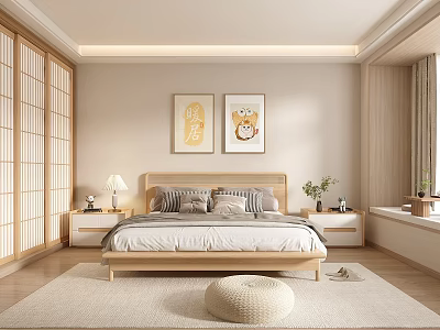 Japanese Style Wooden Bedroom With Shoji Doors Bedside Tables Decorative Artworks And Knitted Ottoman 3d model
