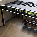 Outdoor Living Space With Black Metal Pergola Table Blue Stools And Plants