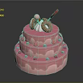 Three Tiered Pink Frosting Cake With Donut Red Decoration And Strawberry Shaped Toppings
