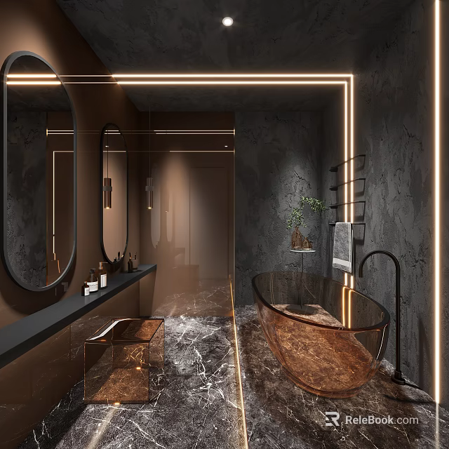 Dark Gray Modern Bathroom Interior Design With Freestanding Copper Bathtub And Round Mirror 3d model 