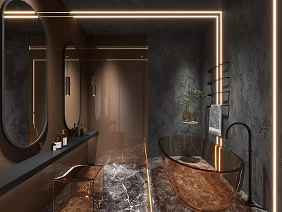 Dark Gray Modern Bathroom Interior Design With Freestanding Copper Bathtub And Round Mirror 3d model