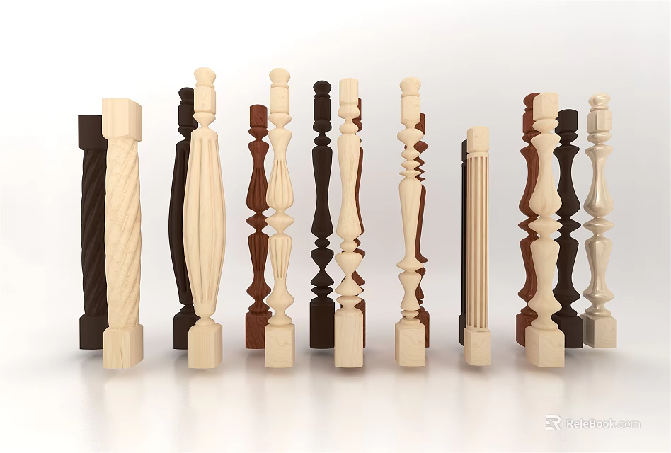 Decorative Wooden Railings with Various Designs Different Styles and Light Dark Colors 3d model 