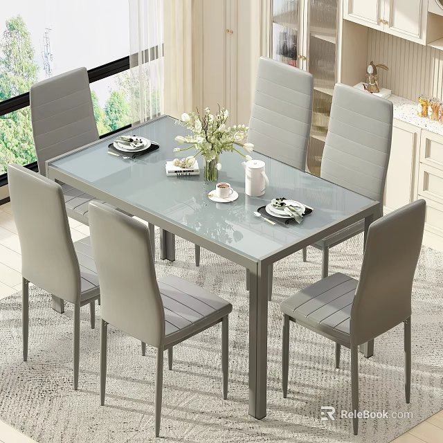 Elegant Modern Dining Table Set With Glass Top Six Grey Chairs Flower Vase And Dishes 3d model 