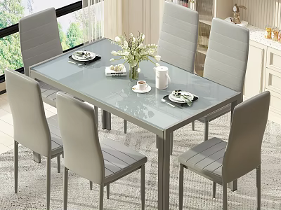 Elegant Modern Dining Table Set With Glass Top Six Grey Chairs Flower Vase And Dishes 3d model