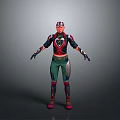3D Virtual Character With Helmet Red Black Top Green Pants Gloves And Boots Standing Pose