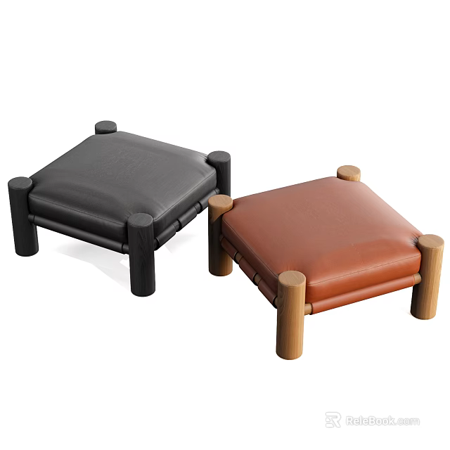 Two Leather Sofa Stools With Black And Brown Upholstery And Cylindrical Legs 3d model 