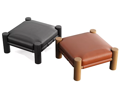 Two Leather Sofa Stools With Black And Brown Upholstery And Cylindrical Legs 3d model