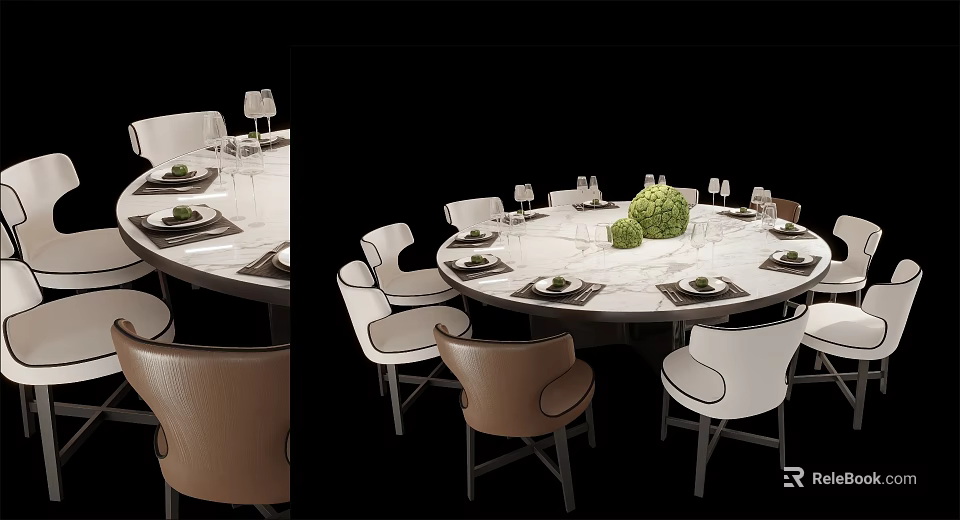 Modern Round Dining Table Set With White Tabletop Brown White Chairs And Green Plant Decor 3d model 