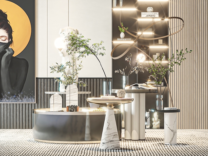 Elegant Modern Round Marble Coffee Table With Side Tables Green Plants Art Decor Lighting 3d model 