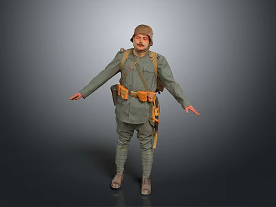 Military Figure In Green Uniform Standing With Hat Backpack And Equipment Against Gray Background 3d model