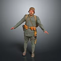 Military Figure In Green Uniform Standing With Hat Backpack And Equipment Against Gray Background
