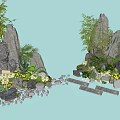 Natural Courtyard Garden Design With Rock Formations Bamboo Plants Green Foliage And Slab Pathway