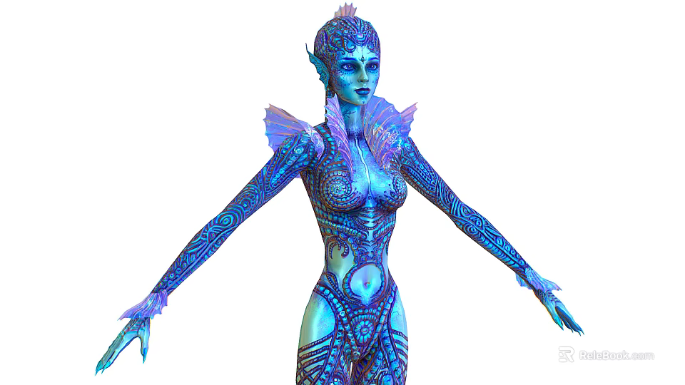 Blue Elven Mythical Creature With Intricate Body Patterns And Winged Shoulders 3d model 
