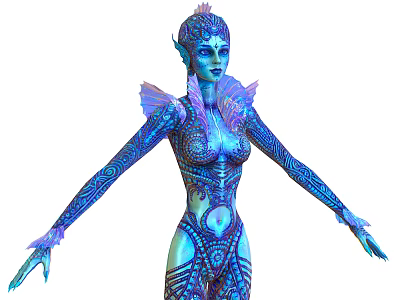 Blue Elven Mythical Creature With Intricate Body Patterns And Winged Shoulders 3d model