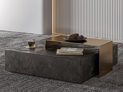 Modern Coffee Table with Dark Marble Top Golden Frame Nuts Plate and Books on Gray Carpet 3d model